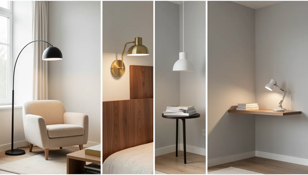 Quatre types de luminaires de lecture en situation : liseuse arquée, applique bras, suspension, lampe table