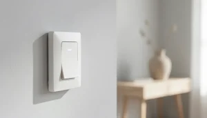 Variateur de lumière tactile blanc installé sur un mur clair dans un intérieur moderne