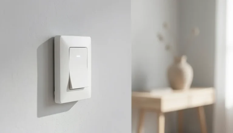 Variateur de lumière tactile blanc installé sur un mur clair dans un intérieur moderne