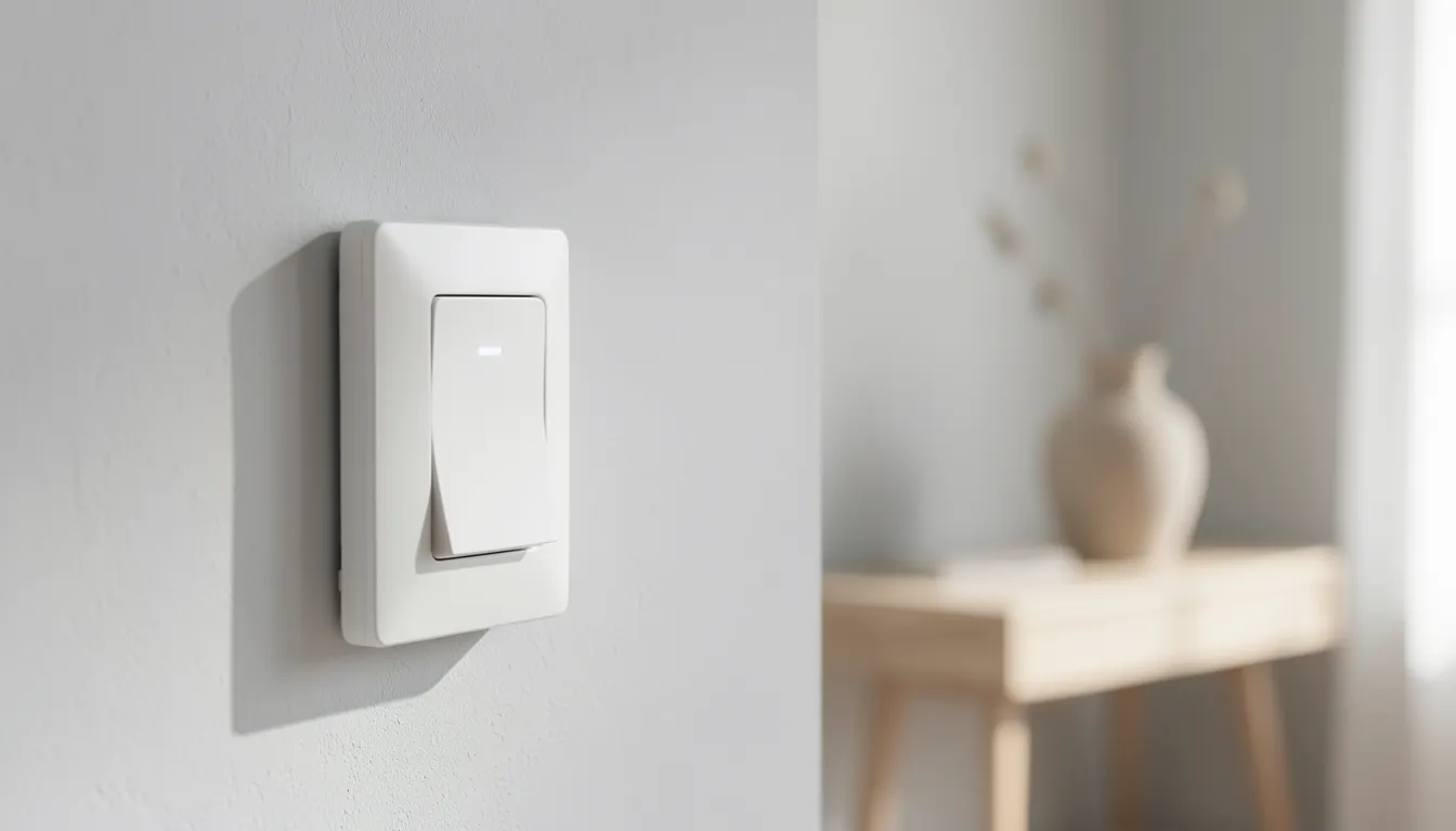 Variateur de lumière tactile blanc installé sur un mur clair dans un intérieur moderne