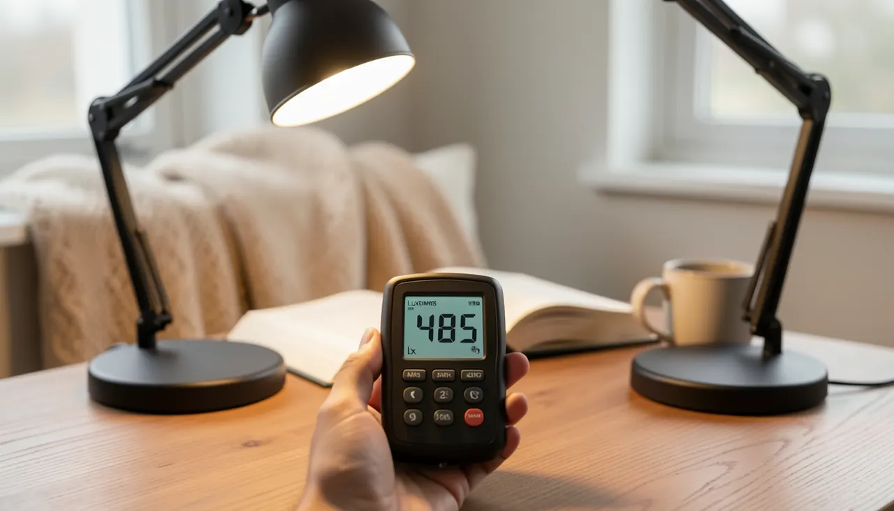 Mesure d'éclairement au luxmètre sur une table de salon avec lampadaire de lecture