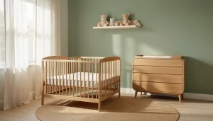 Chambre de bébé complète avec lit à barreaux bois clair, commode à langer, tapis rond et rideaux lin lavé
