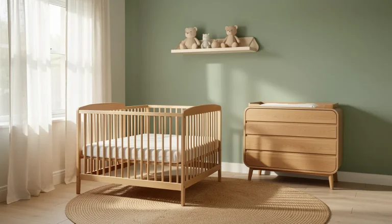 Chambre de bébé complète avec lit à barreaux bois clair, commode à langer, tapis rond et rideaux lin lavé