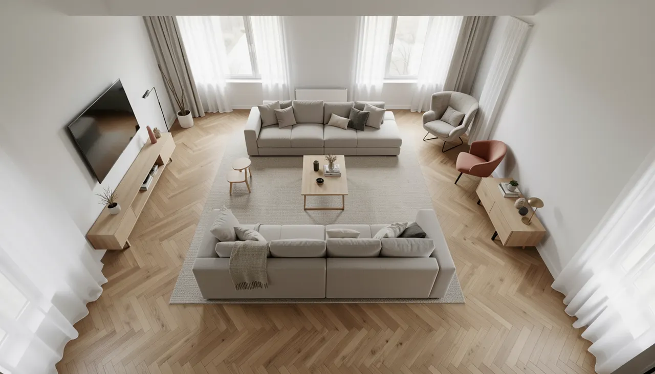 Vue de dessus d'un grand salon montrant un canapé modulable en îlot central séparant coin TV et coin lecture