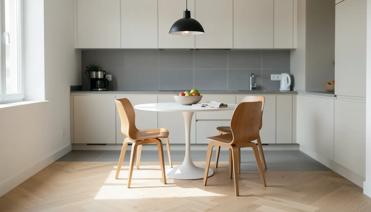 Studio zoné par changement de sol et éclairage suspendu au-dessus table manger