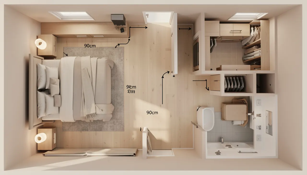 Plan d'aménagement suite parentale avec zones nuit, dressing et salle de bain distinctes