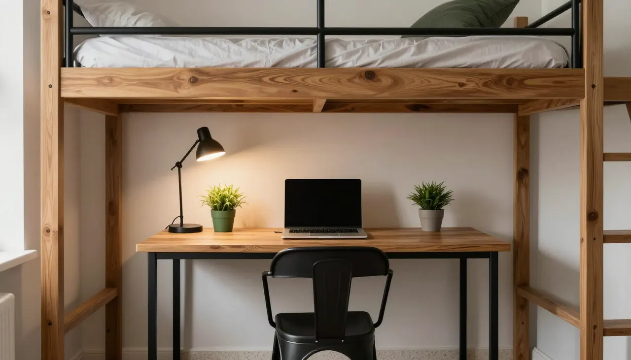 Bureau de travail aménagé sous un lit mezzanine