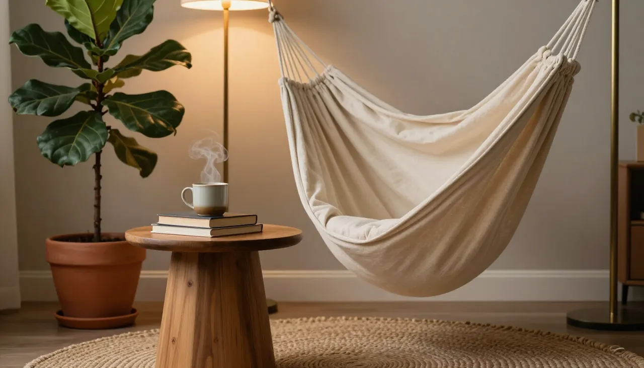 Coin lecture avec fauteuil suspendu et plantes