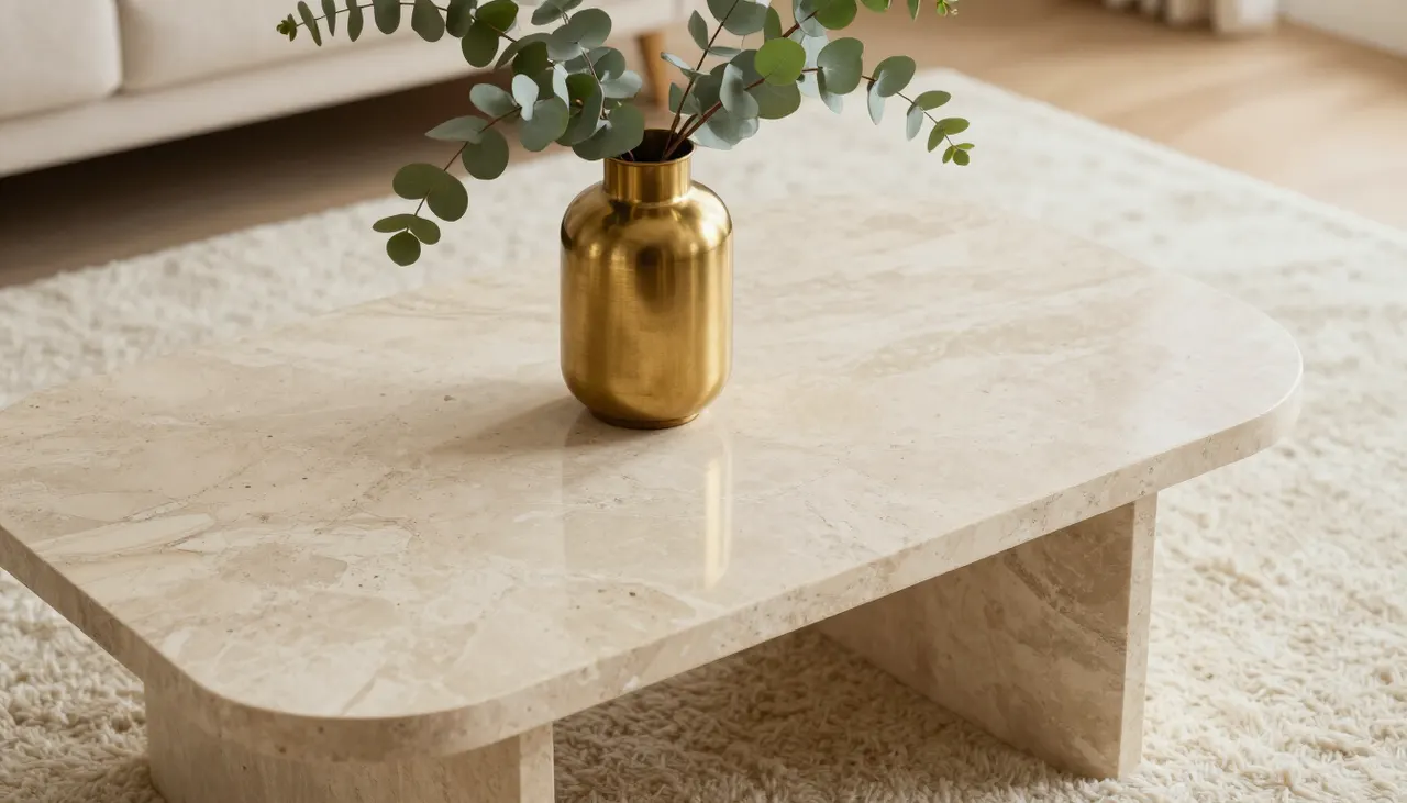 Décoration sur une table basse en travertin