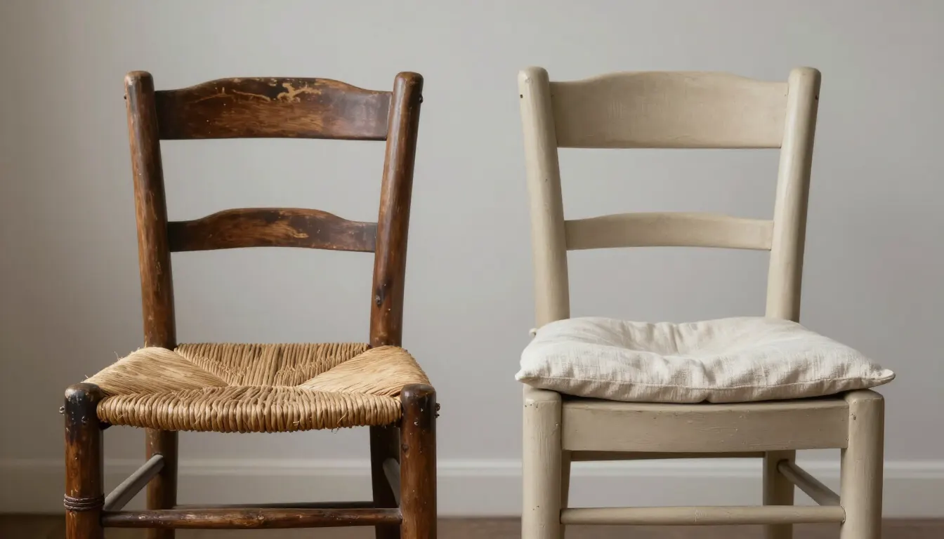 Comparaison avant après d'une chaise en paille relookée