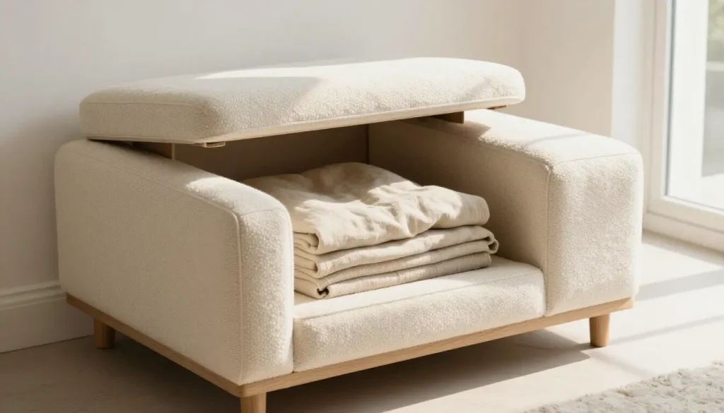 Banquette coffre en bois clair et tissu bouclé blanc