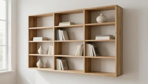 Bibliothèque asymétrique en bois dans un salon lumineux
