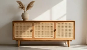 Buffet bas en chêne et cannage de rotin