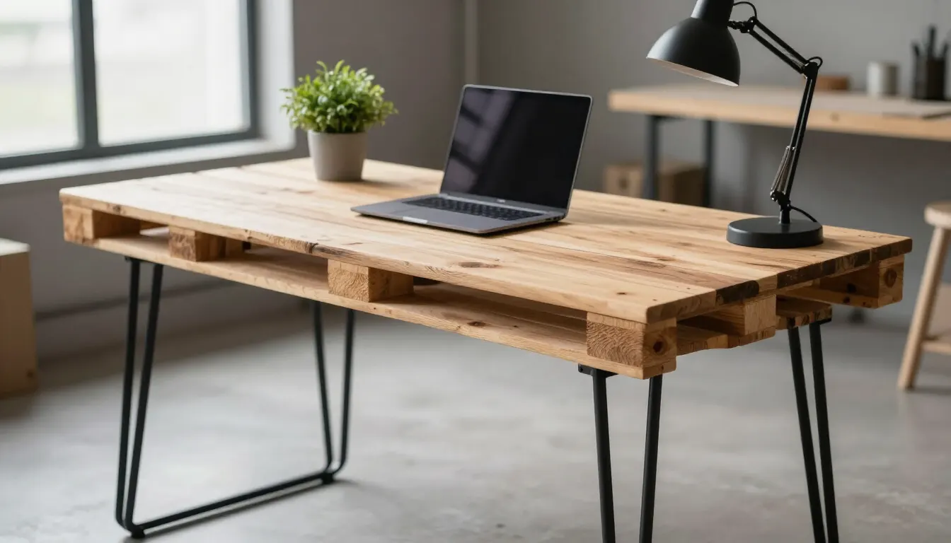 Bureau industriel en palette avec pieds en métal noir