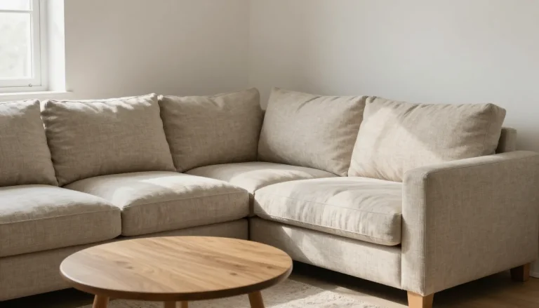 Petit salon lumineux avec canapé d'angle beige