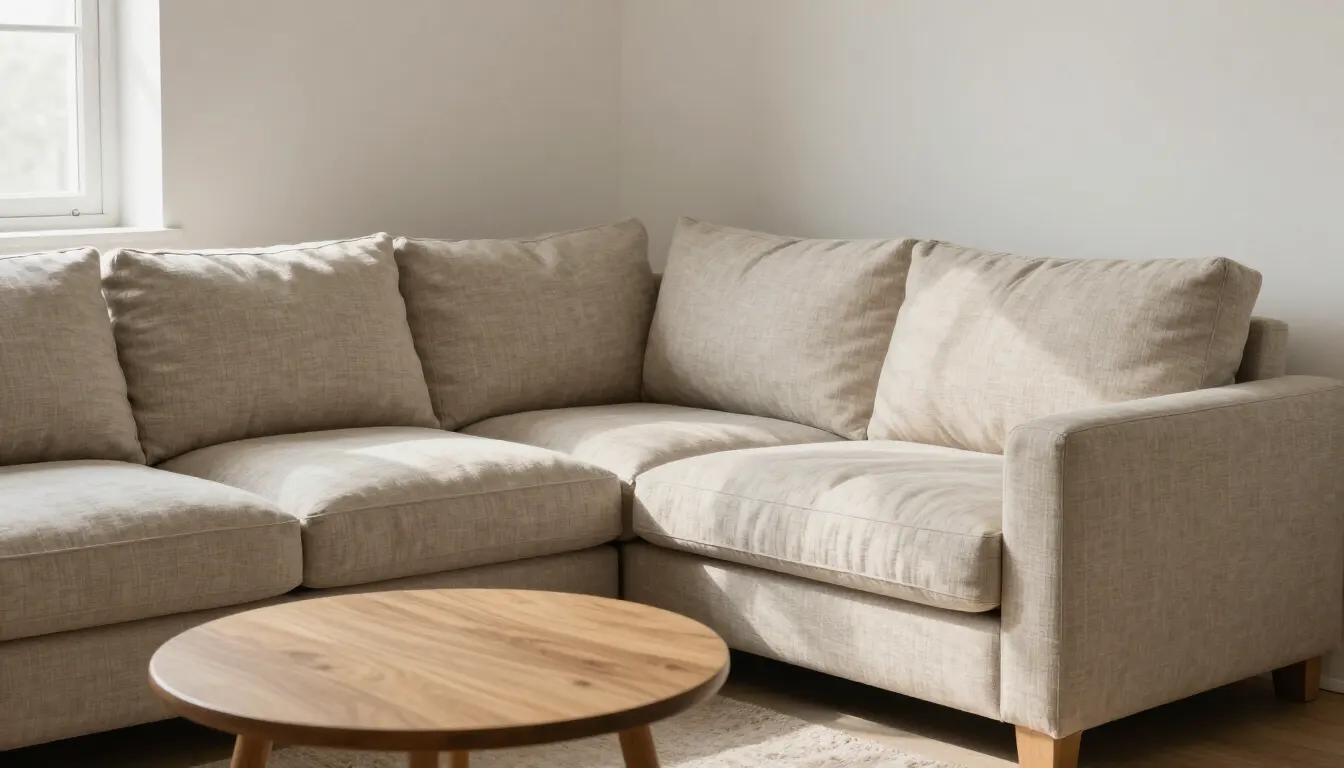 Petit salon lumineux avec canapé d'angle beige