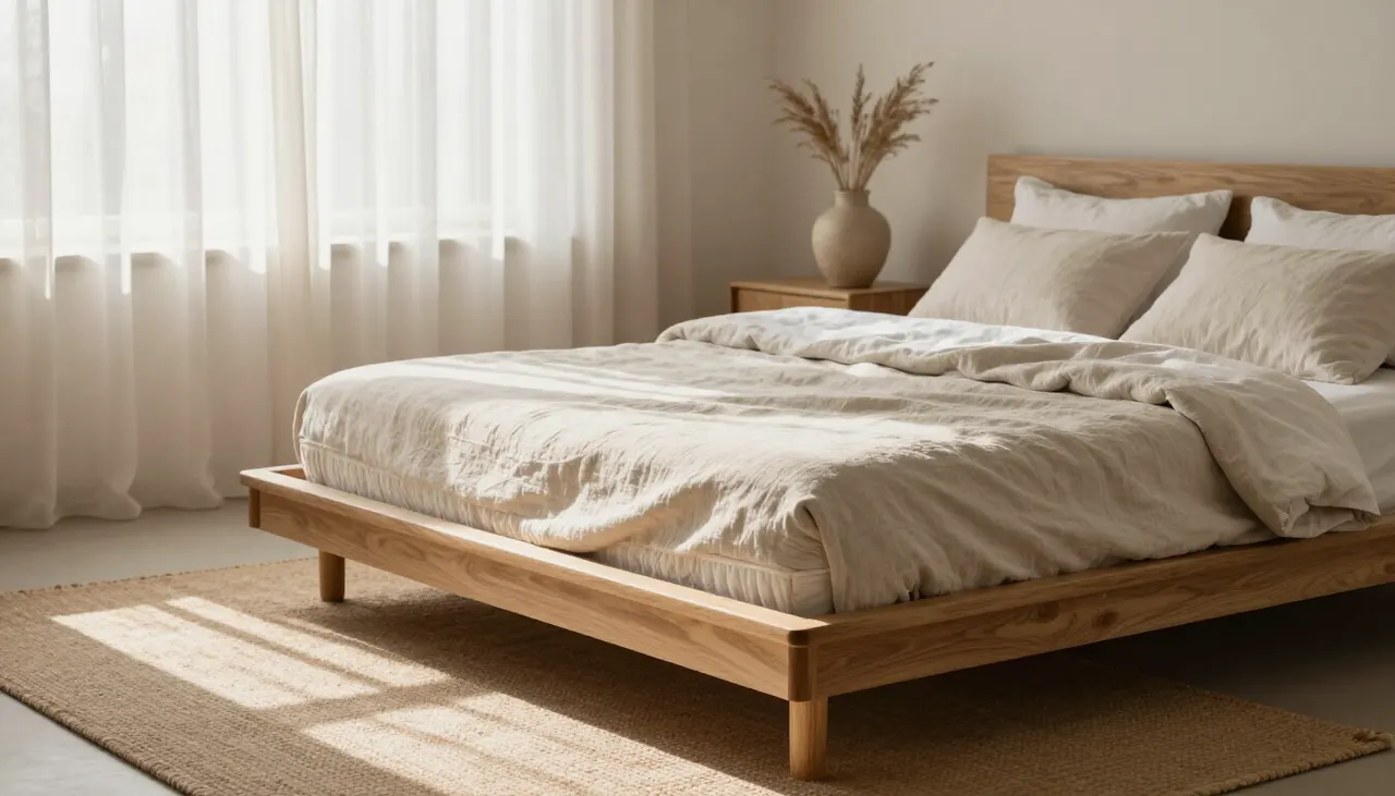 Chambre épurée avec lit en bois et linge de lit lin lavé
