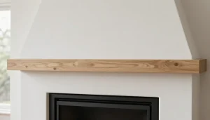 Cheminée moderne avec hotte blanche et poutre en bois clair