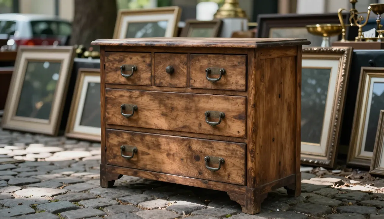 Commode en bois exposée dans une brocante