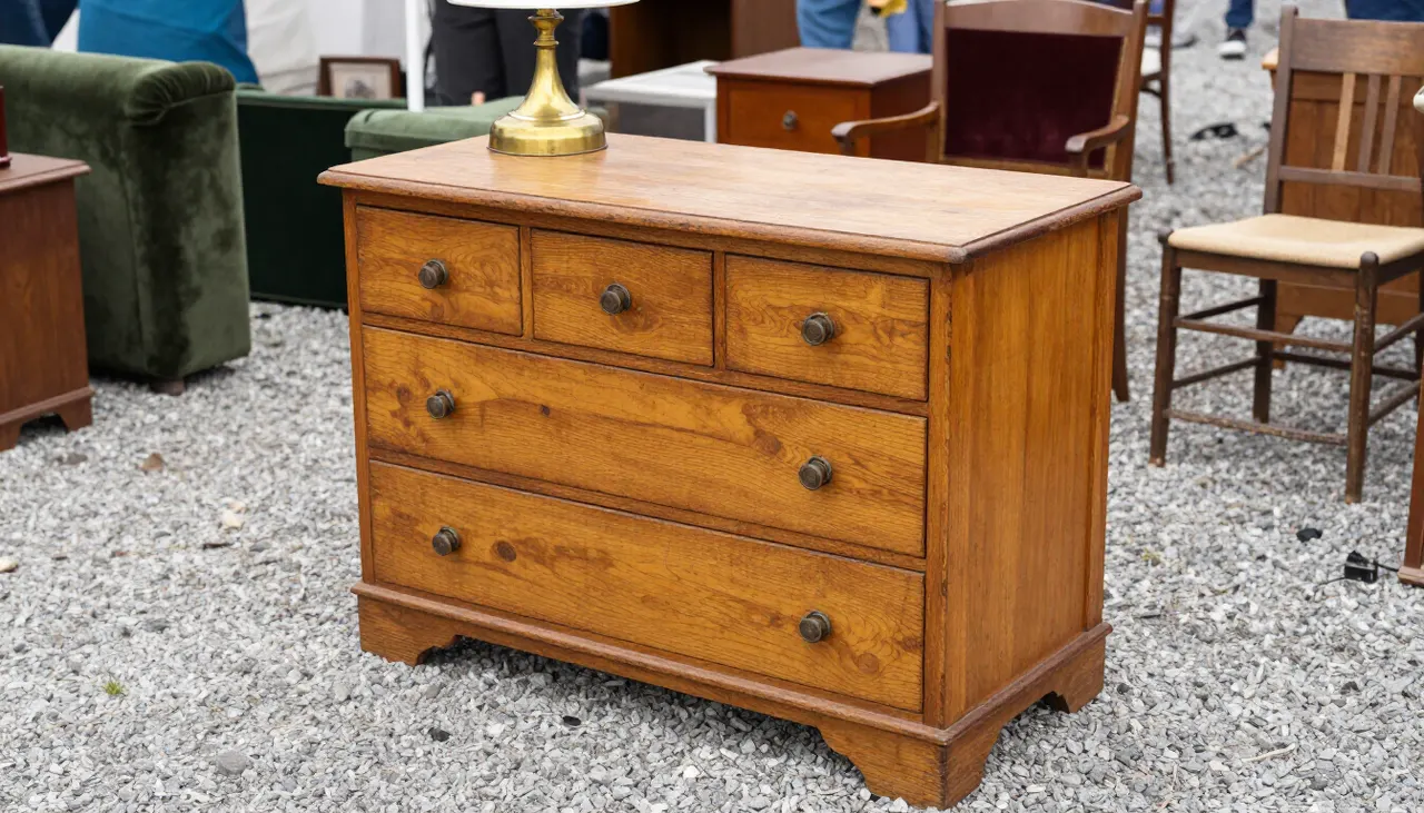 Commode en bois exposée dans un vide-greniers