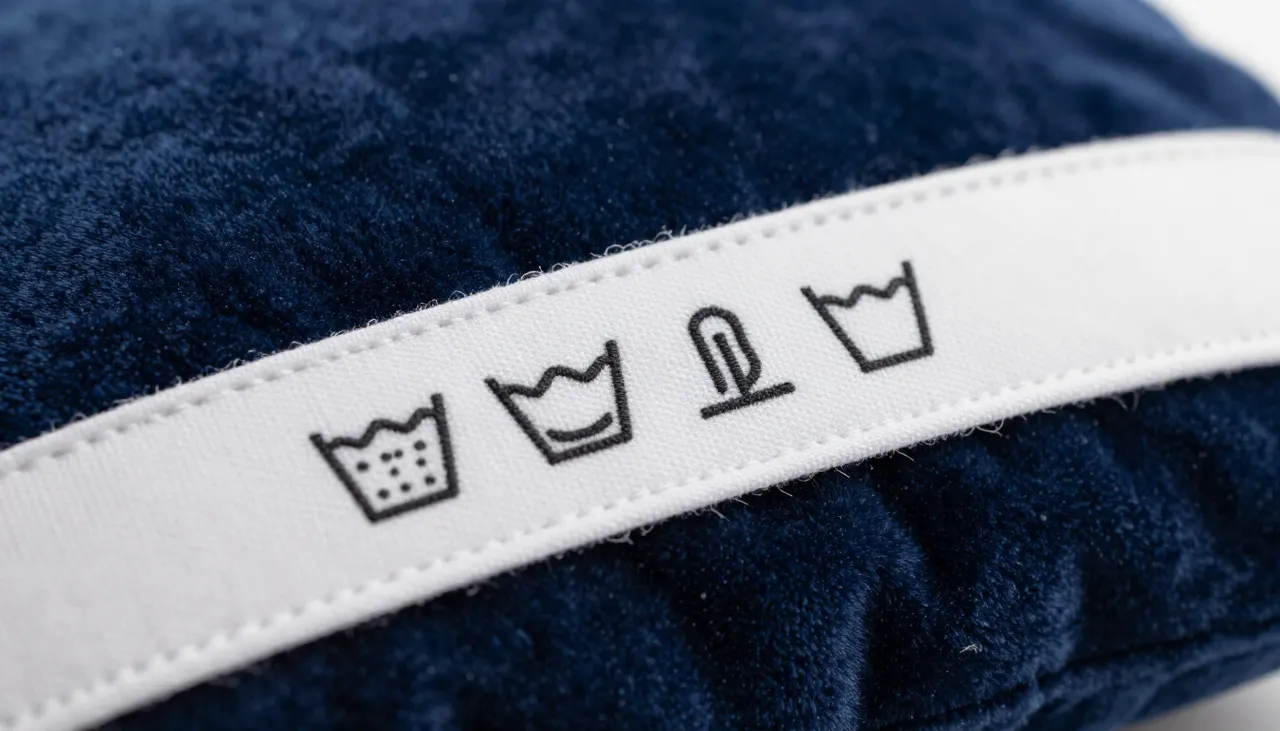 Étiquette d'entretien cousue sous un coussin en velours