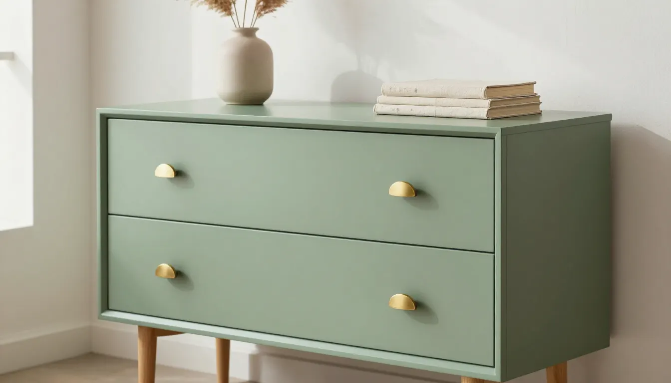 Commode IKEA relookée vert sauge et laiton