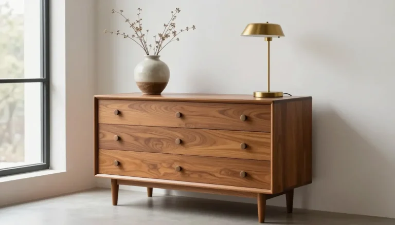 Commode vintage en bois dans un salon moderne