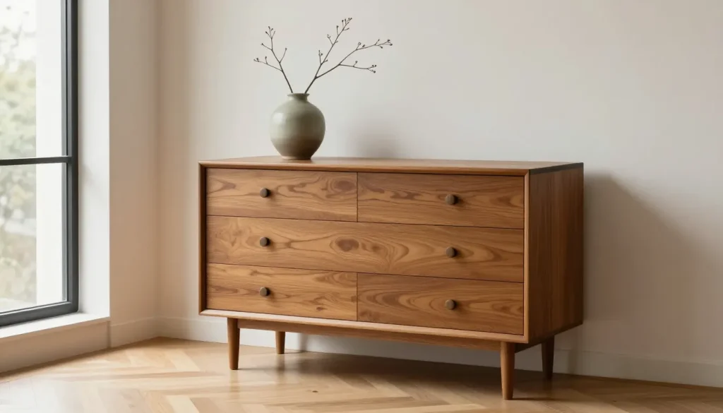 Commode vintage en bois dans un salon moderne