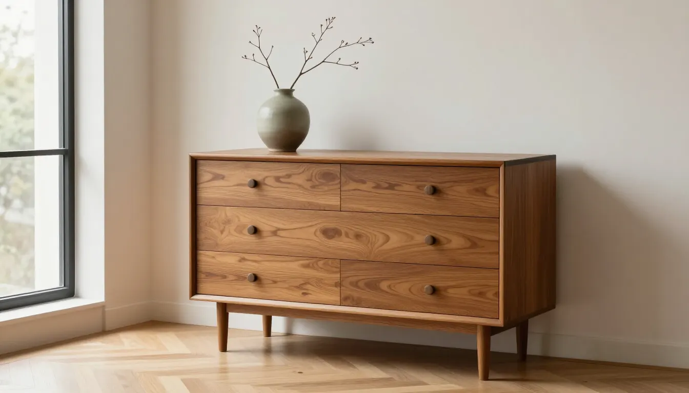 Commode vintage en bois dans un salon moderne
