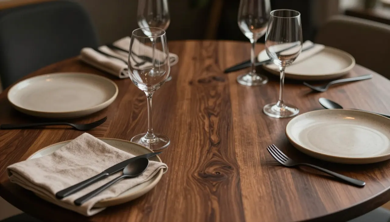 Table ronde dressée pour le repas