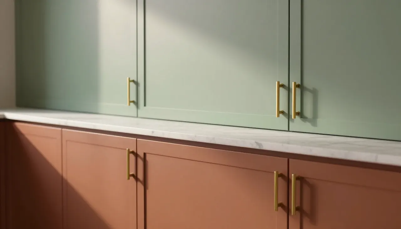 Meubles de cuisine peints en vert sauge et terracotta