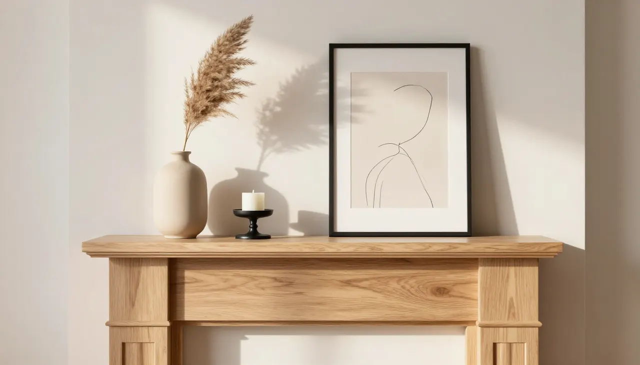 Décoration moderne sur un manteau de cheminée en bois