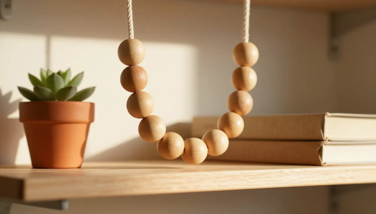Étagère bohème décorée de perles et plantes