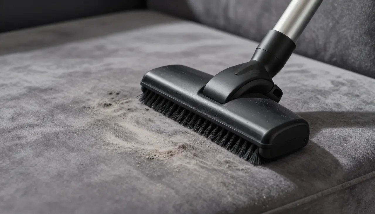 Aspirateur avec embout brosse sur velours gris