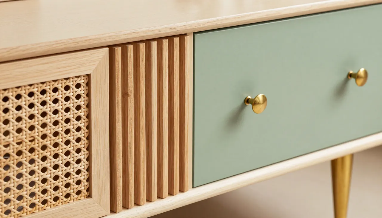 Détails commode hack cannage tasseaux peinture verte