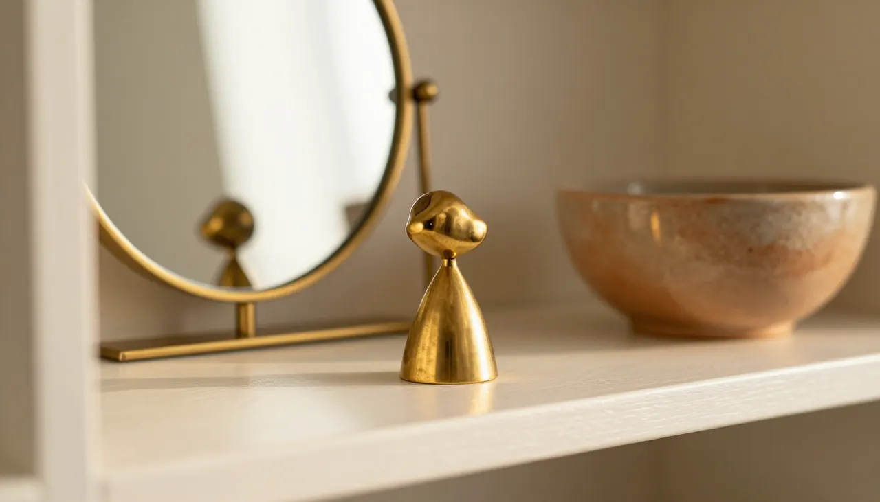 Objets déco en laiton sur étagère design