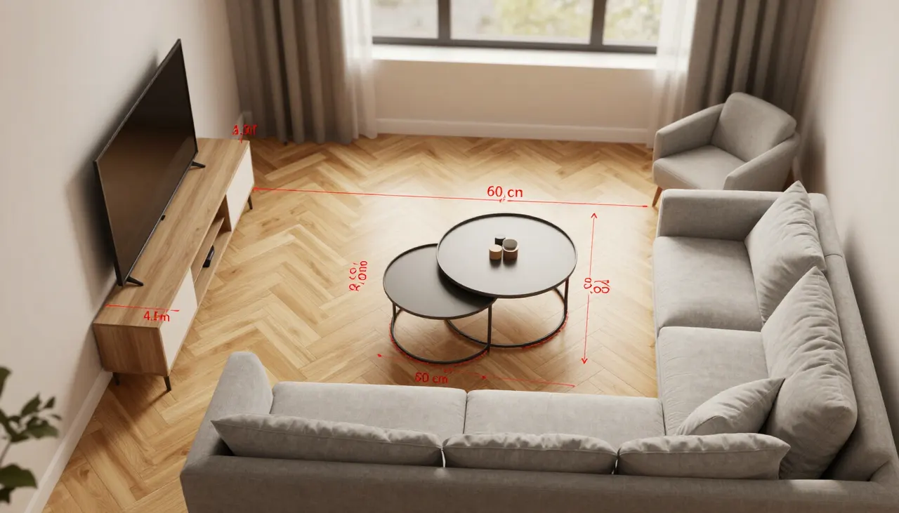 Plan au sol d'un petit salon avec distances de 50 cm autour de la table gigogne