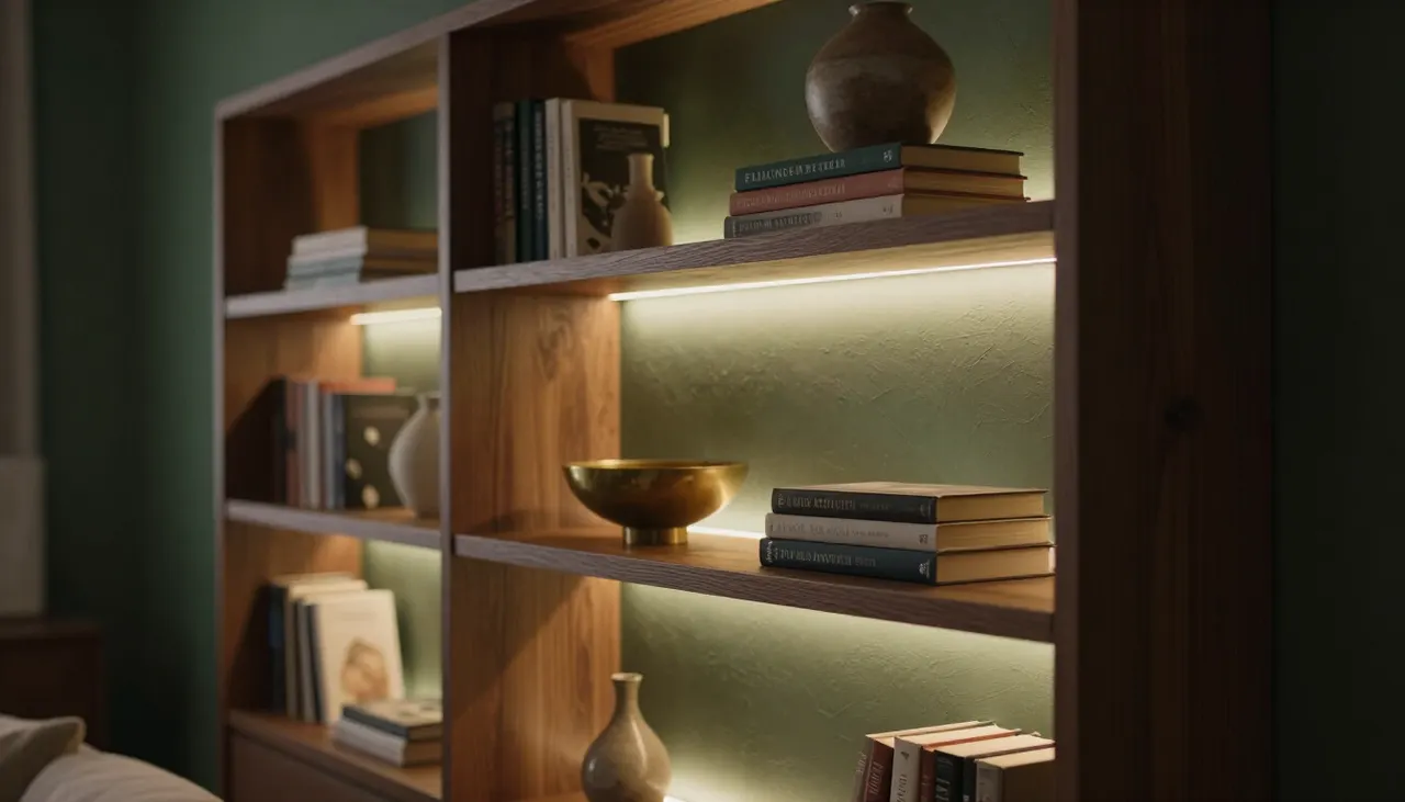 Bibliothèque asymétrique éclairée par LED intégrées le soir
