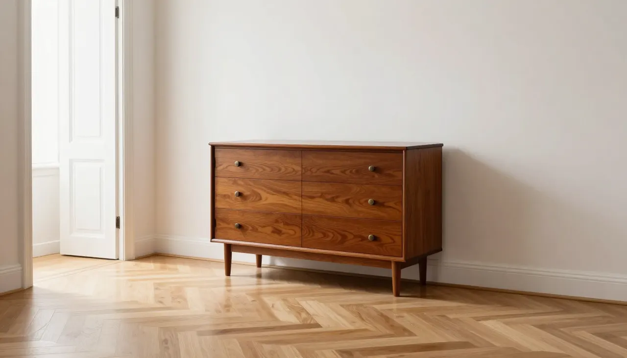 Commode vintage placée dans une entrée lumineuse
