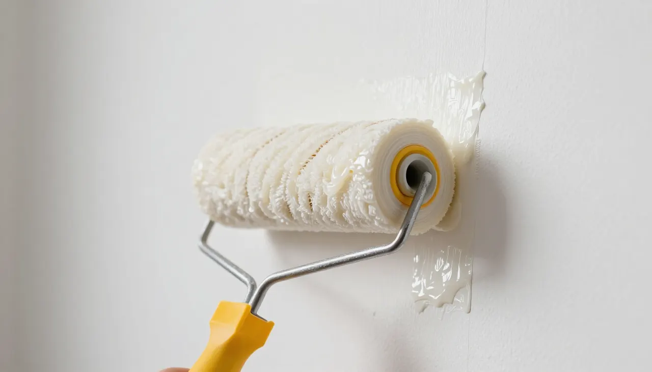 Application de colle sur un mur blanc au rouleau