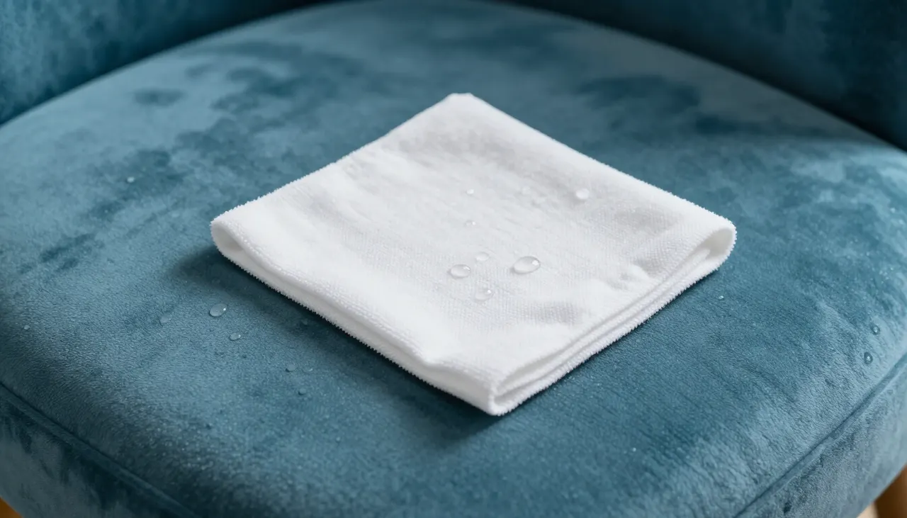 Nettoyage d'une tache sur une assise en velours bleu canard