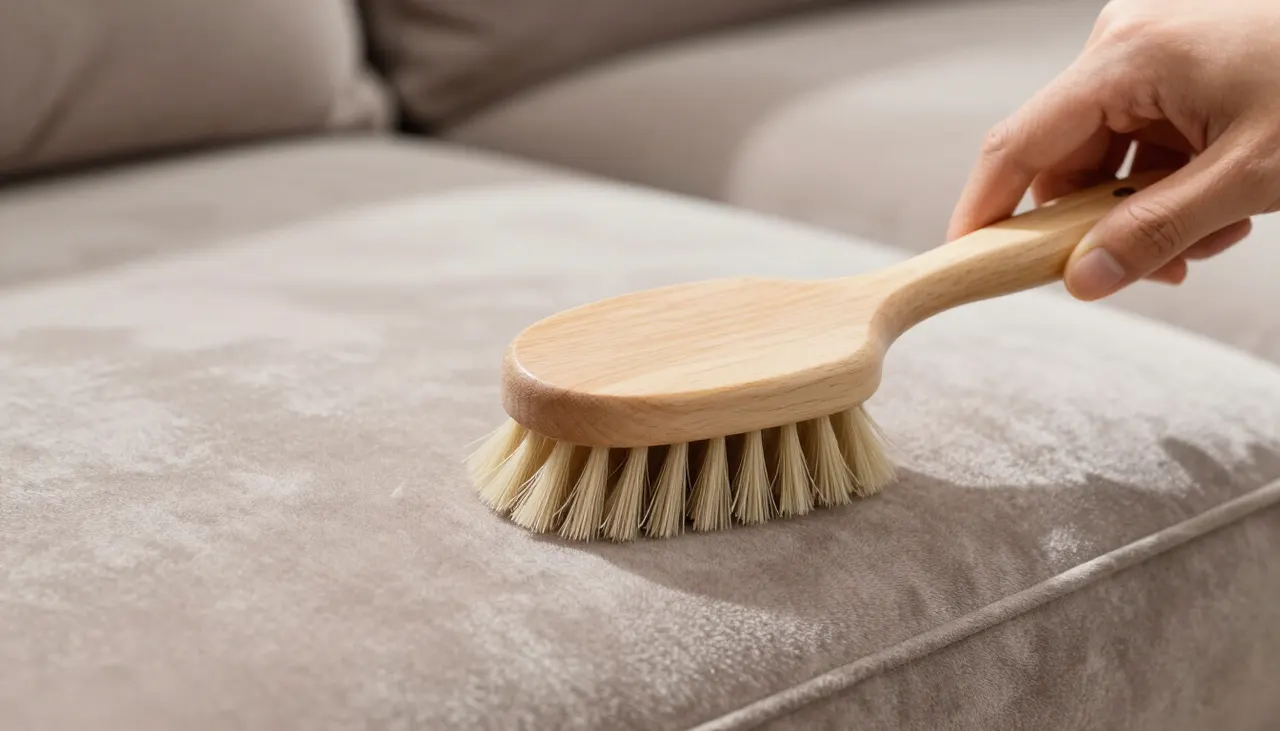 Main utilisant une brosse douce sur velours