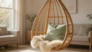 Fauteuil suspendu en rotin dans un salon chaleureux