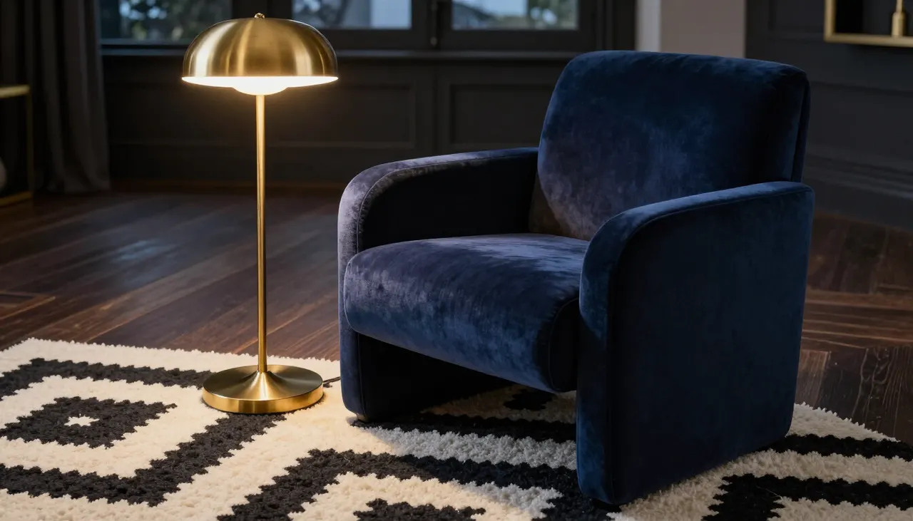 Fauteuil bleu et lampadaire en laiton