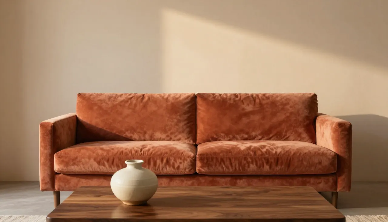 Canapé en velours terracotta dans un salon