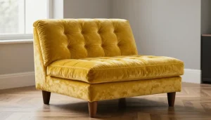 Fauteuil crapaud en velours jaune moutarde