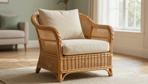 Fauteuil en rotin vintage dans un salon lumineux