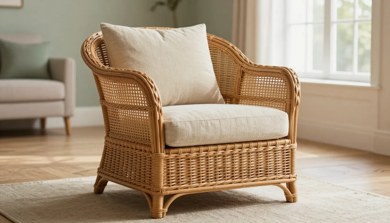 Fauteuil en rotin vintage dans un salon lumineux