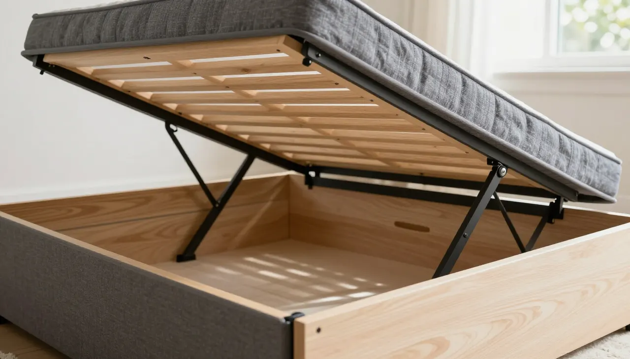 Lit coffre ouvert montrant le coffre de rangement