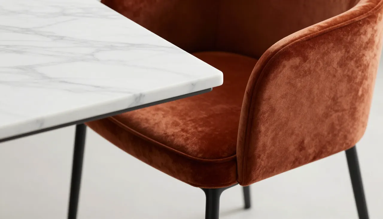Chaise en velours rouille sous une table en marbre blanc
